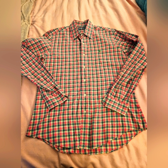 Ralph Lauren Shirt Mens M Long Sleeve Button Down Flesh Pony Plaid Pink Gre - Picture 1 of 5